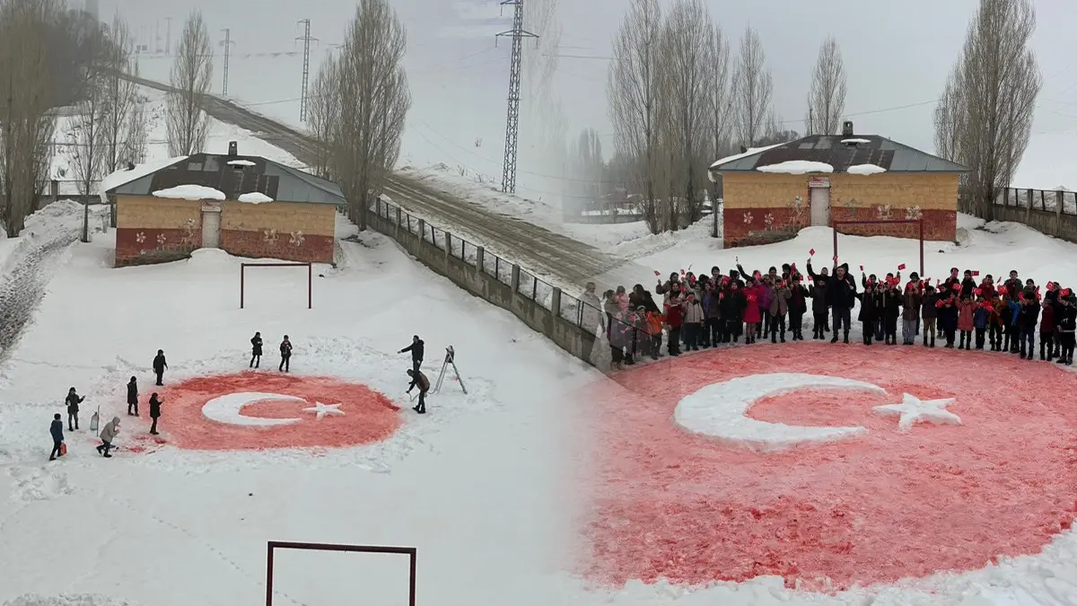 Ağrı’da Öğrenciler Kar Üzerine Ay-Yıldızlı Türk Bayrağı İşledi: “Bayrak Sevgisi” Etkinliği Dikkat Çekti